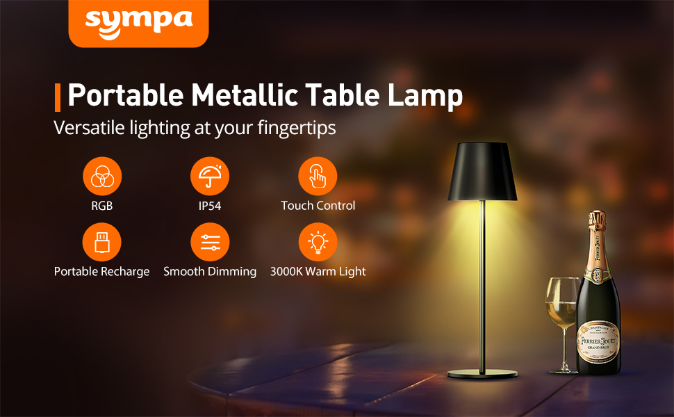 Sympa Cordless Table Lamp, Type-C Rechargeable Table Lamp with Smooth Dimming Warm Light, Touch Control