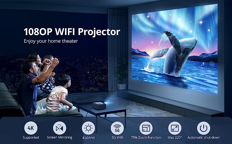 TaoTronics Projector 4K with WiFi and Bluetooth Supported, MiTecHPro 450 ANSI Portable Movie Projector, with Zoom Function and Timer Shutdown, FHD 1080P Outdoor Projector